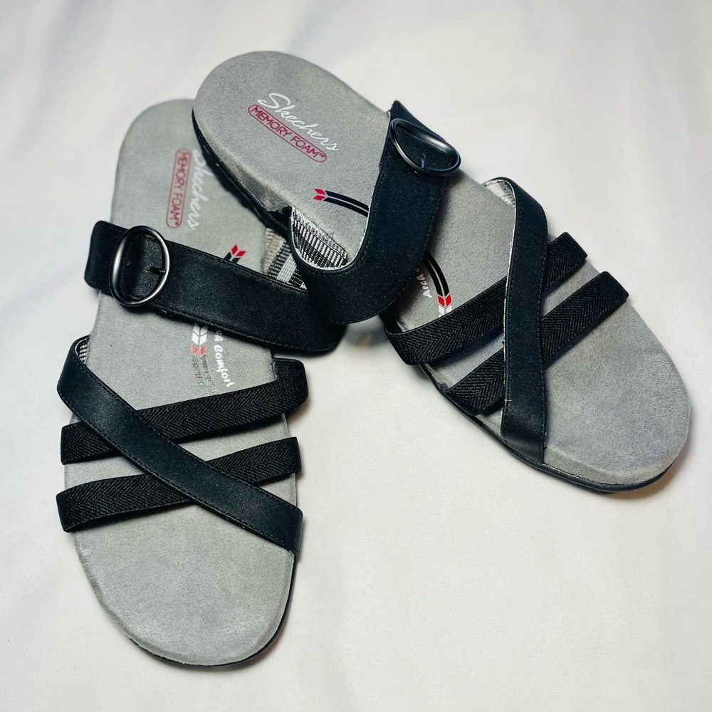 Skechers Black Arch Fit Reggae Trek Women’s Memory Foam Velcro Sandal Sz 9
